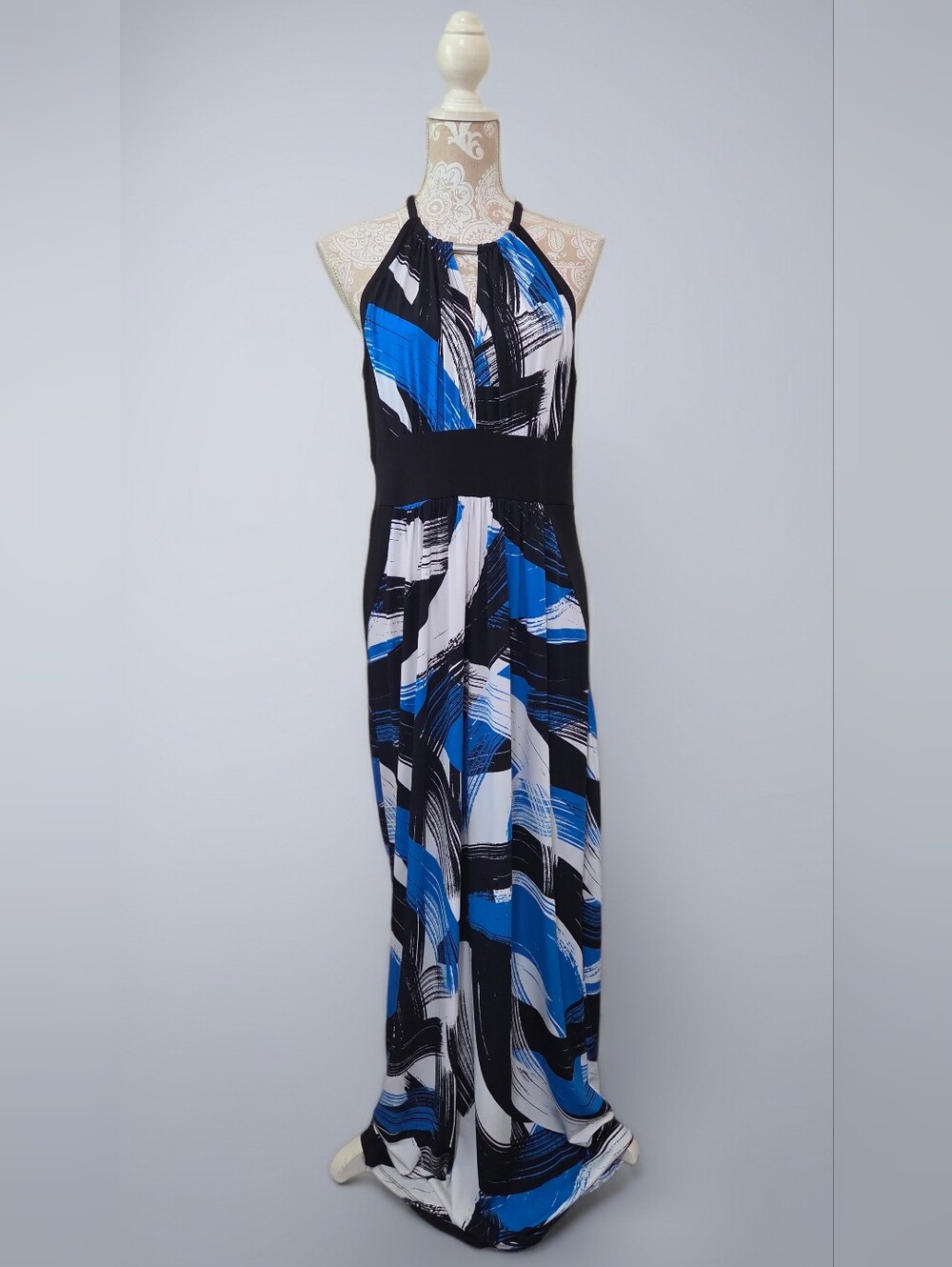 London Style Collection Blue Black White Abstract Halter Maxi Dress Size L